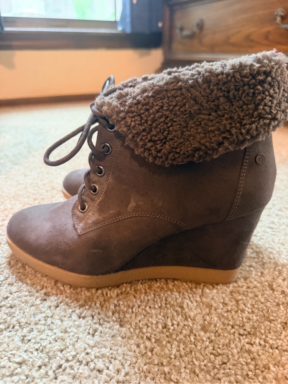 Dana Buchman Suede Wedge Ankle Boot with Faux Shearling Cuff, New Without Box